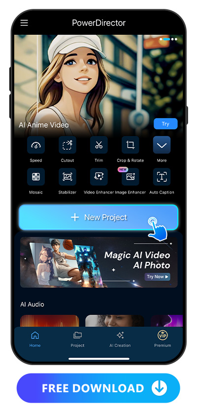 launcher of PowerDirector and highlight +New Project feature icon